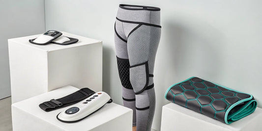 Various types of hip and thigh massagers for muscle recovery, including massage guns and wraps.