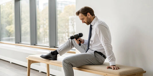 A man shows how to use a massage gun on his leg for muscle soreness.