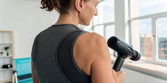 Woman targeting back muscles with a massage gun, avoiding the spine.